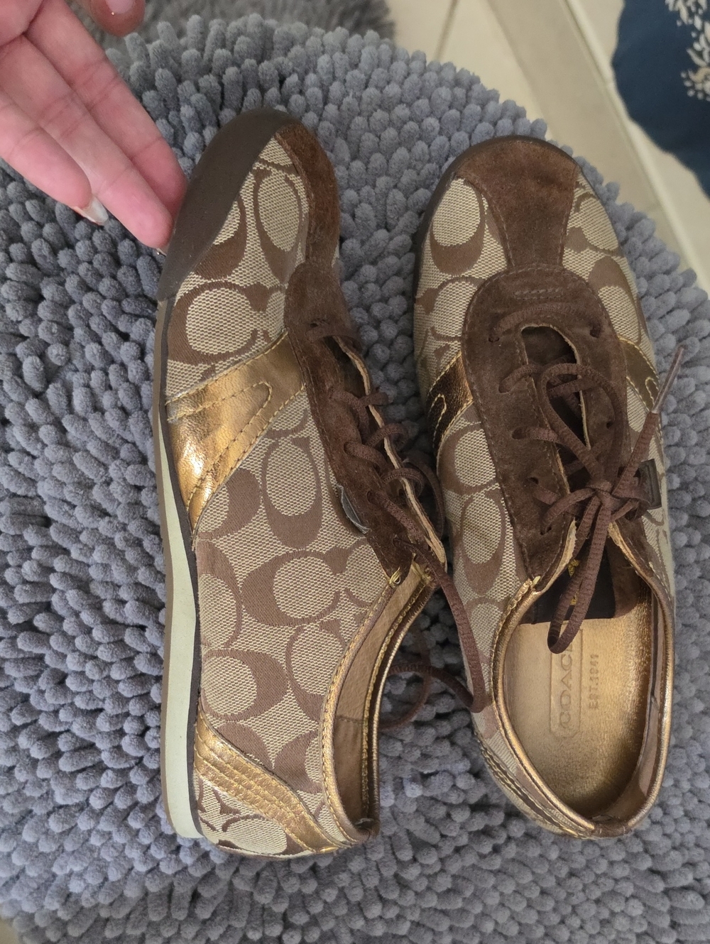Coach Brown Signature Logo Sneakers with Metallic Bronze Accents